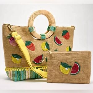 America & Beyond Hand Made Beaded Embellished Jute Tote Removable Strap & Pouch